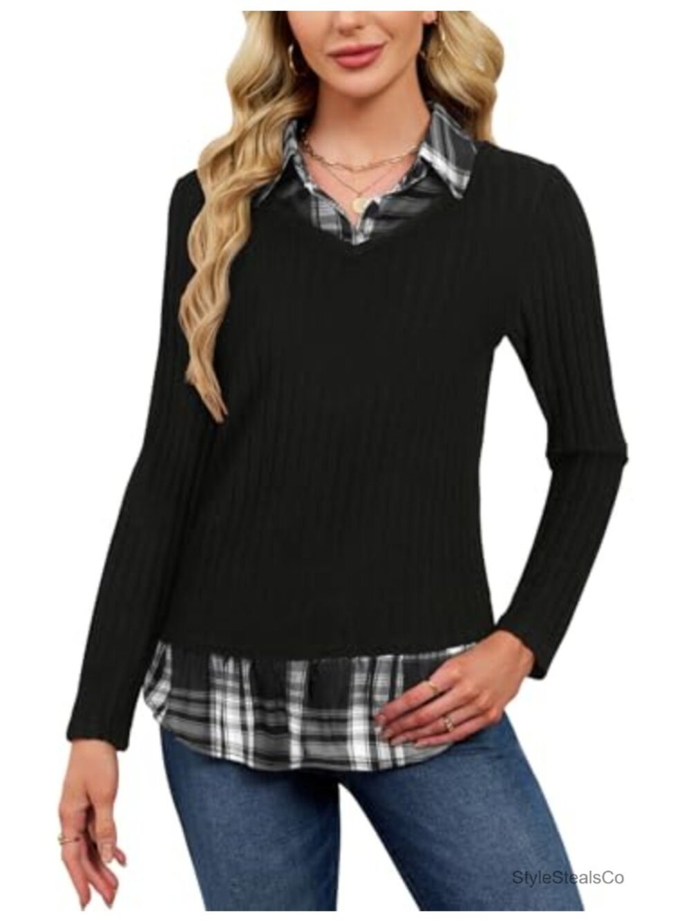 Collared Sweater Shirt Combo Twofer Plaid Patchwork Layered Long Sleeve